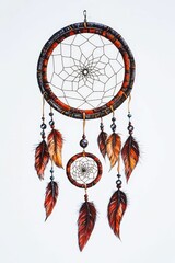 Ornate dreamcatcher; red, brown feathers; beads.