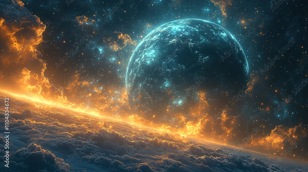 Aufkleber view of a distant planet with vibrant clouds and luminous atmosphere glowing against the dark expans