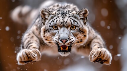 Naklejka premium A fierce snow leopard leaps through the snowy landscape, showcasing its powerful physique and striking features while portraying the beauty of wildlife in motion.
