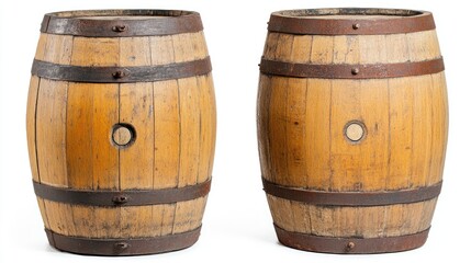 Fototapeta premium Vintage Wooden Barrels with Metal Bands Isolated on White Background