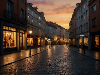 Fototapeta premium Bright street scene in a European city at sunset.