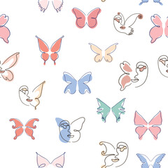 Woman face Continuous line seamless pattern. Abstract Female portrait with Butterfly. Drawing vector Wallpaper, fabric, wrapping paper, card, poster