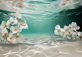 Fototapeta premium Serene Underwater Scene with Delicate White Flowers and Gentle Ripples in Sparkling Aqua Tones against a Sandy Ocean Floor