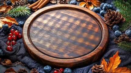 Wooden platter surrounded by berries, pinecones, and autumn leaves..