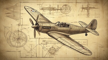 Schematic representation of a Spitfire Fighter Aircraft in detailed design format