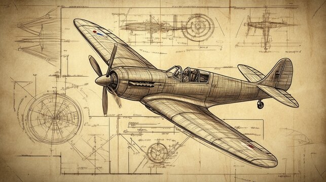 Schematic representation of a Spitfire Fighter Aircraft in detailed design format