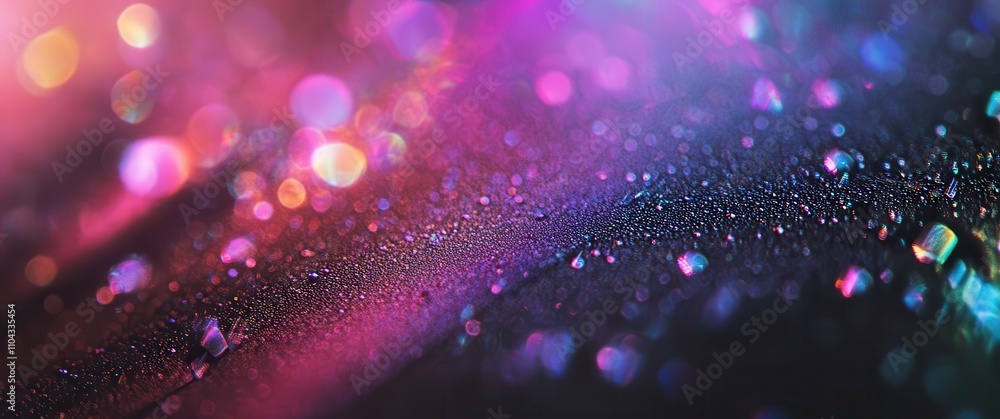 Aufkleber shimmering colorful water drops on a smooth surface with beautiful bokeh effect in vibrant neon shad