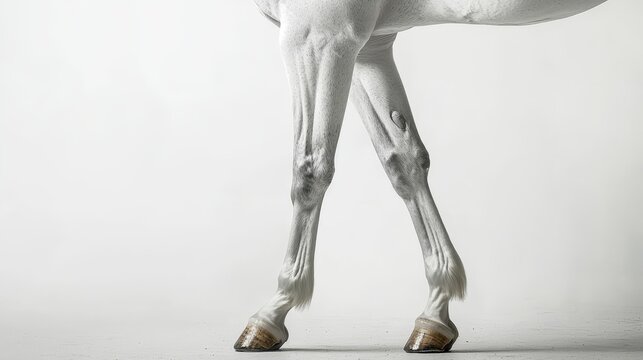   a close up of a white horse's legs and hooves on a white background The horse is standing on the floor, and its hooves are clearly visible