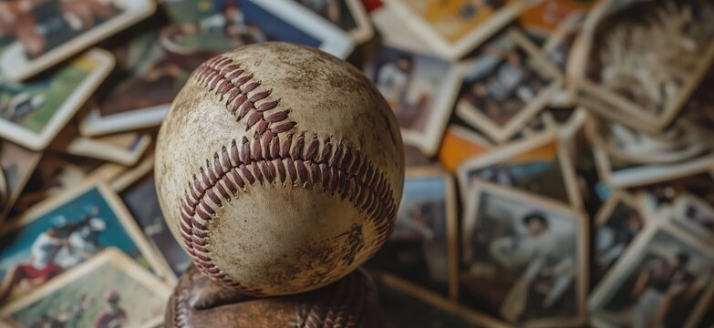 Baseball on vintage photographs background, worn baseball, nostalgic sports memorabilia, collection of old photos, rich history of baseball, copy space for text