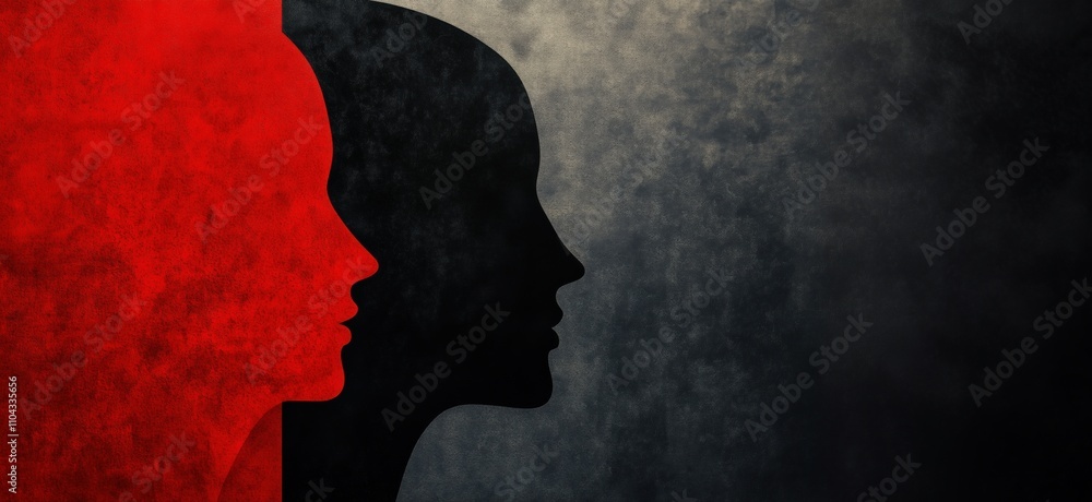 Poster silhouettes of two faces, one red and one black, contrasting against textured background. artistic r