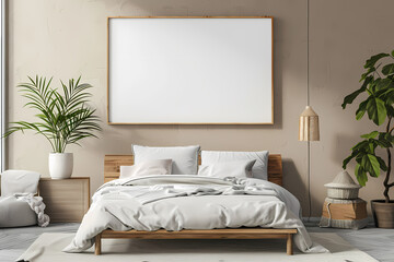 A serene bedroom featuring a wooden bed with white bedding and lush green plants, creating a calming and inviting atmosphere.