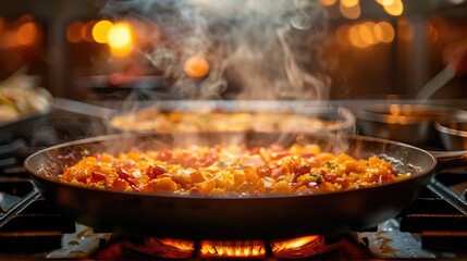 Cooking vegetables in a pot on a kitchen stove with steam rising in a cozy atmosphere