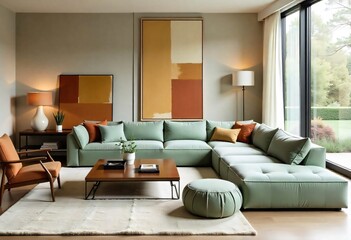 Green sofa, a current and new season trend, in a living room with large windows and an abstract painting