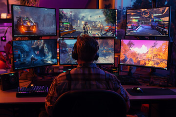 A game developer testing a new game on a multi-monitor setup in a colorful gaming room, highlighting creativity and technology in game design.