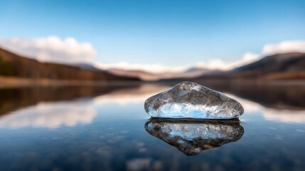  an iceberg floating in the middle of a lake, surrounded by hills and a sky with clouds in the background The image is slightly blurred, giving it a dreamy, etherea