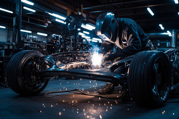 Fototapeta premium A mechanic welding a car frame in a workshop, sparks flying in a dynamic scene showcasing industrial craftsmanship and precision.