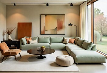 Green sofa, a current and new season trend, in a living room with large windows and an abstract painting