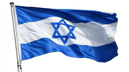  the Israeli flag flying high in the sky, with its blue and white colors standing out against the white background