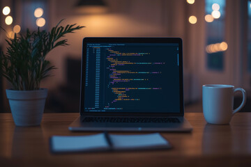 A software engineer debugging code on a laptop in a cozy, softly lit workspace, highlighting productivity and innovation.
