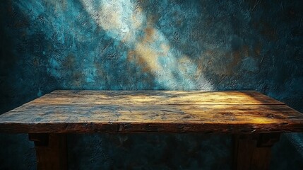 A rustic wooden table against a textured blue wall, illuminated by soft light.