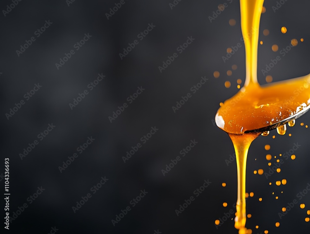 Poster a close-up shot captures thick golden syrup pouring from a spoon, accentuating its rich texture agai