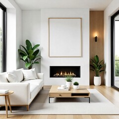 White sofa, a current and new season trend, in a living room with large windows and an abstract painting