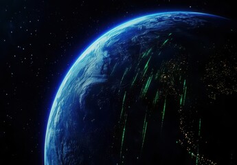 Fototapeta premium Stunning View of Earth’s Atmosphere with Luminous Particles, Captured from Space, Showcasing a Vibrant Blue Planet Surrounded by Stars in the Vast Universe
