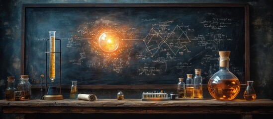 Alchemist's laboratory with glowing lightbulb, glassware, and equations on a chalkboard.