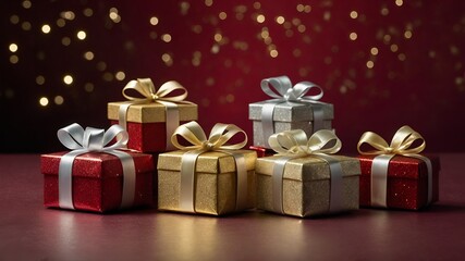 Obraz premium Christmas-themed gift boxes tied with silver and gold ribbons, placed on a plain deep red background with subtle sparkling light accents