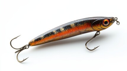  a close up of a fishing lure on a white background The lure is in the shape of a fish, with a bright yellow body and a black stripe running down its back Its eyes