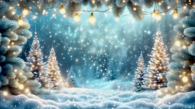 A winter wonderland filled with snow-covered trees and sparkling lights captures the magic of Christmas. Experience the serene beauty of this enchanting scene. Generative AI