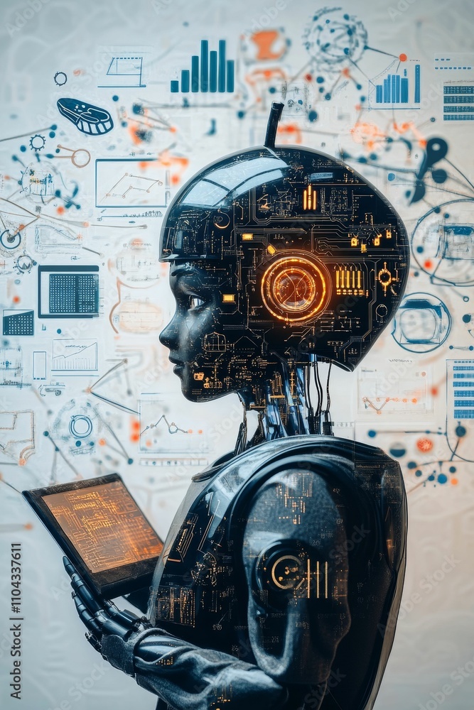 Poster childlike robot studies data, illuminated circuits.
