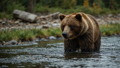 Fototapeta premium Brown bear fishing in a mountain stream.