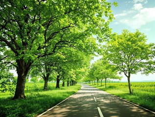 Obraz premium A picturesque scene of a green landscape with tall trees and a meandering road that leads to a distant point, natural beauty, rolling hills, tree-lined roads, scenic views, peaceful landscapes