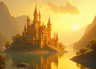 Naklejka premium Golden castle surrounded by mountains reflecting in lake at sunset