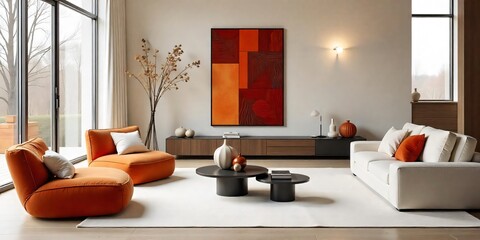 Current and new season trend sideboard in a living room with an abstract painting