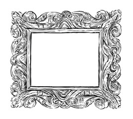Sketch of ancient decorative wooden carved picture frame, decor, background,  hand drawn vector illustration isolated on white