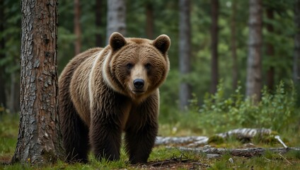 Brown bear in funny poses near a tree in a forest in Finland during summer.
