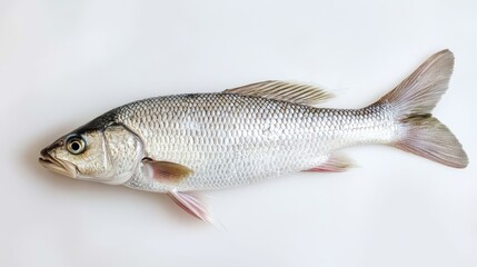 Fototapeta premium a white mullet fish on a white background Its scales glisten in the light, and its fins are spread out in a fan-like shape Its eyes are large and round, and it ha