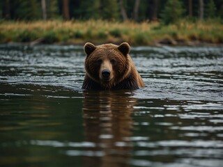 Obraz premium Brown bear wading through a river.