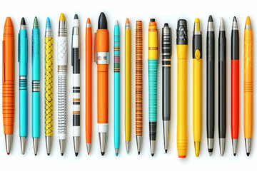 Collection of various colorful pens and pencils arranged in a row on a white background.