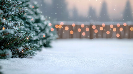 Fototapeta premium Peaceful winter scene with snow-covered trees and festive lights