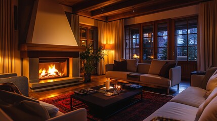 Cozy Living Room With Fireplace and Warm Lighting Creating an Inviting Atmosphere in a Mountain Chalet at Night