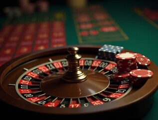 Obraz premium Roulette in luxary casino and poker chips. Gembling concept, roulette wheel. Inside of a spinning Roulette wheel close up at the Casino.