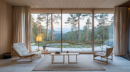  a living room with a carpeted floor, two chairs, a table with various objects on it, a lamp, a flower pot with a plant in it, curtains, and a large window with a vi
