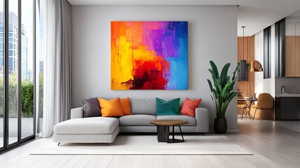 Colorful Abstract Artwork Enhances Modern Living Room Design With Bright Furniture and Large Windows Overlooking the City