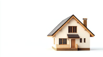  a small white house with a black roof and windows, a door, a railing, and a chimney, all set against a white background