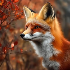 Fototapeta premium Autumnal Fox Portrait: A Majestic Red Fox Amidst Vibrant Fall Foliage