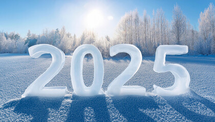 Fototapeta na wymiar Nowy rok 2025 , lodowy mroźny napis. Sylwester zima, niebieski kolor