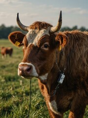 Brown cow with an AI device on its ear in a field.